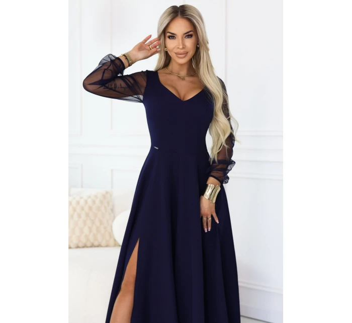 640-3 LORETTA jedinečné dlouhé šaty s tylovými rukávy a výstřihem - tmavě modré