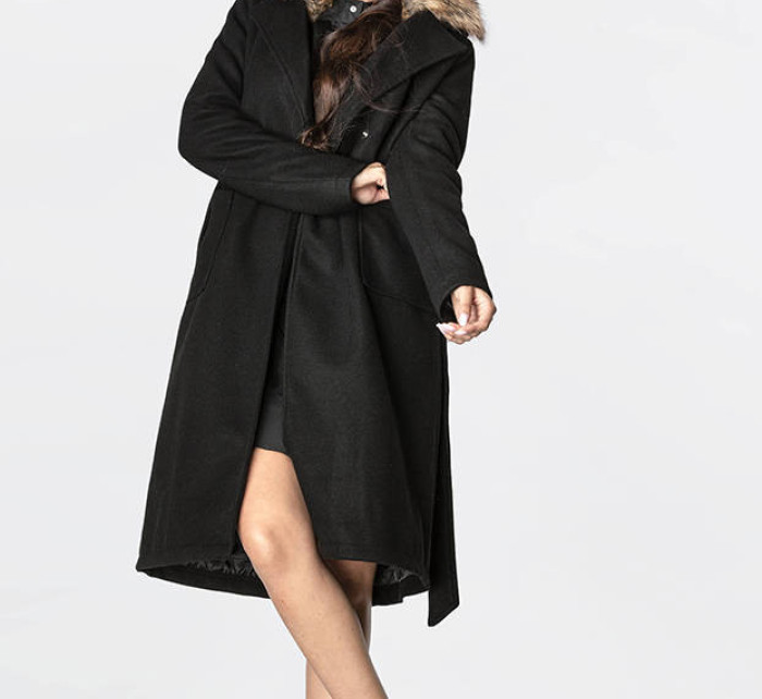 Černý dámský kabát s kožíškem (SASKIA)