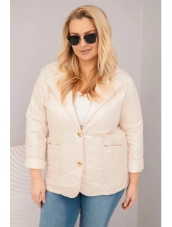 Dámská bunda Plus Size prošívaná květinami s límcem a kapsami béžová