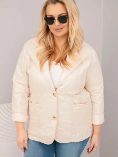 Dámská bunda Plus Size prošívaná květinami s límcem a kapsami béžová