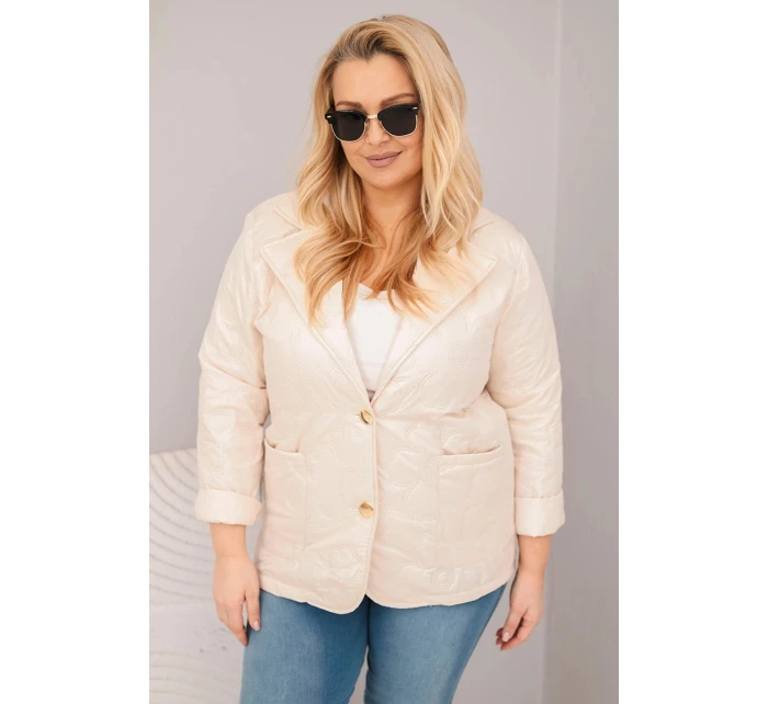 Dámská bunda Plus Size prošívaná květinami s límcem a kapsami béžová