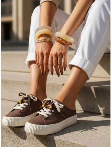 Dámské tenisky na platformě s ozdobnými korálky hnědé ZY1410 Dámské tenisky na platformě s ozdobnými korálky hnědé ZY1410