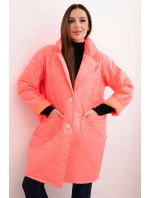 Dámská bunda Plus Size prošívaná s ozdobnými knoflíky a límcem neonově růžová