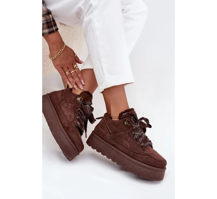 Šněrovací Zimní Boty Ženy Na Platformě Vyteplené Kožešinou Hnědé Tavelle
