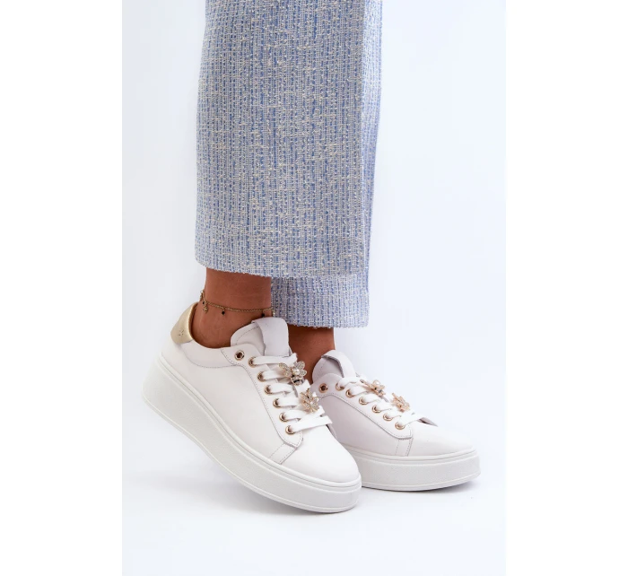 Dámské kožené tenisky na platformě s ozdobnými knoflíčky D&A SN67 Bílé