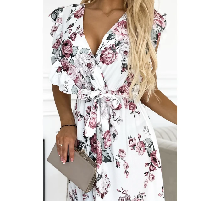 GABRIELLA Bílé dámské šaty s výstřihem, zavazováním a se vzorem bordó růží model 21290241 - numoco basic GABRIELLA Bílé dámské šaty s výstřihem, zavazováním a se vzorem bordó růží model 21290241 - numoco basic