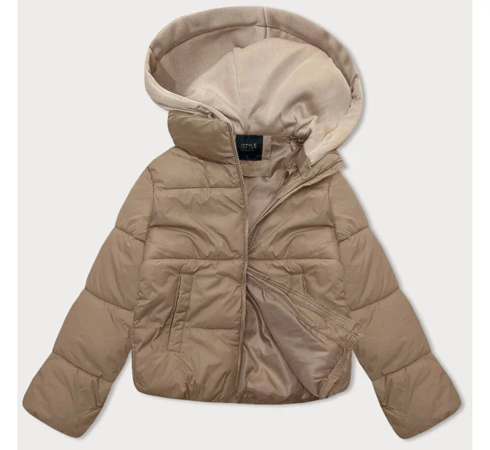 Tmavě béžová krátká dámská zimní bunda s teplákovou kapucí J Style (16M9187-158)