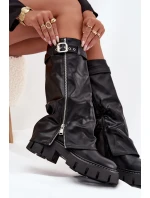 Dámské zateplené kozačky s vyhrnutou holení, přezkou a stříbrným zipem Armena – černé, eko semiš Dámské zateplené kozačky s vyhrnutou holení, přezkou a stříbrným zipem Armena – černé, eko semiš