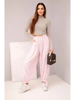 Dámské kalhoty s širokými nohavicemi a zavazováním dole cukrově růžový