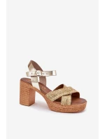 Kožené Sandály Na Podpatku S Pletením Na  Zlaté model 21697421 - Zazoo