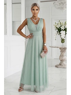 637-5 Dlouhé maxi šaty s brokátovým akcentem a hlubokým výstřihem - pistáciová barva