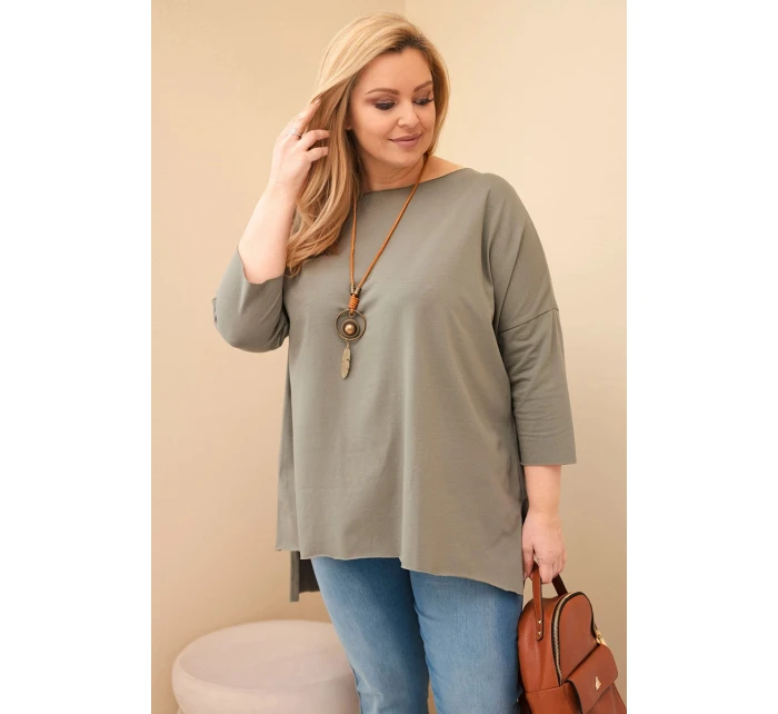 Dámská asymetrická bavlněná blůza Plus Size s náhrdelníkem khaki