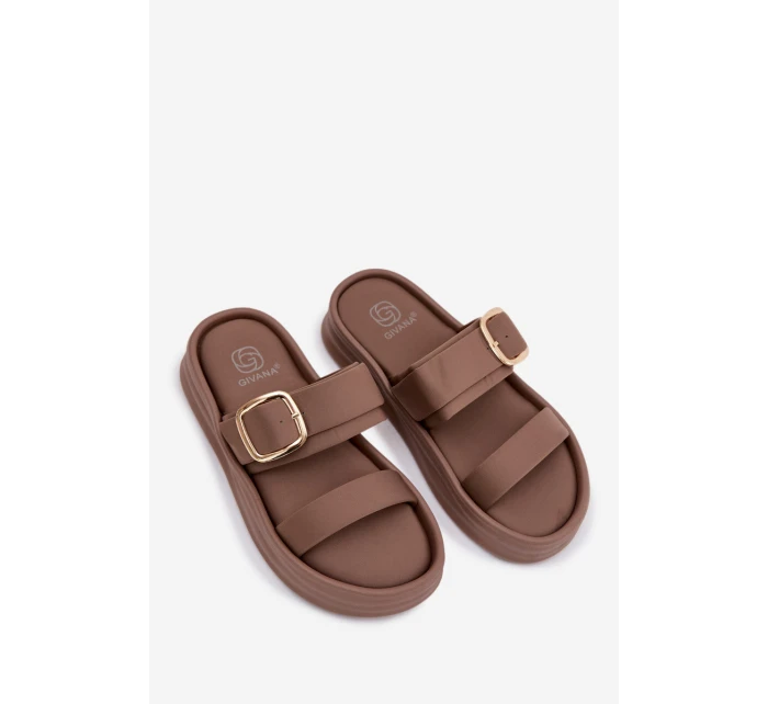 Materiálové dámské pantofle na platformě s pásky a zlatou sponou Khaki Ameliette Materiálové dámské pantofle na platformě s pásky a zlatou sponou Khaki Ameliette