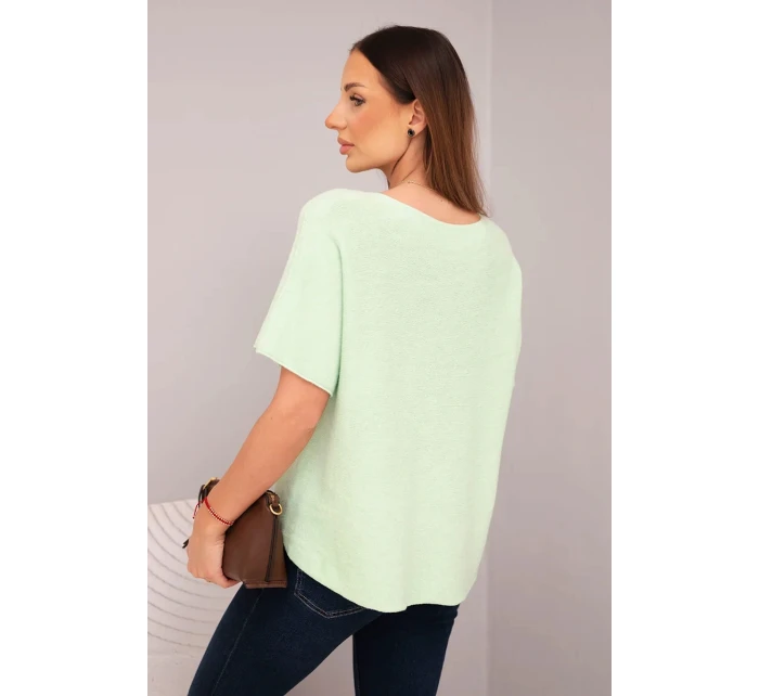 Dámská svetr s krátkým rukávem a výstřihem do V mátová