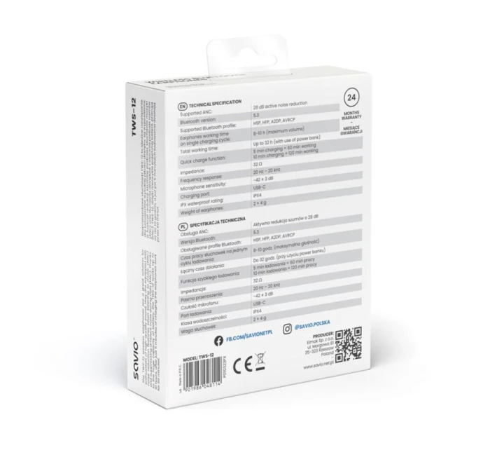 SAVIO BEZDRÁTOVÁ BLUETOOTH SLUCHÁTKA 5.3 S MIKROFONEM, ANC, ENC, QC TWS-12