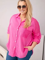 Dámská bavlněná košile Plus Size s límečkem a krajkovou vložkou růžová