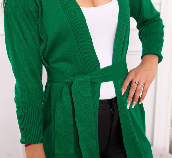 Sweter długi kardigan wiązany w talii zielony