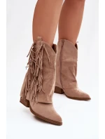 Dámské kotníkové kozačky – kovbojky se třásněmi na sloupku Gralina – khaki