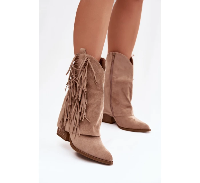 Dámské kotníkové kozačky – kovbojky se třásněmi na sloupku Gralina – khaki