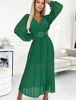 414-3 KLARA plisované šaty s páskem a výstřihem - SVĚTLE ZELENÉ