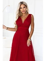 687-2 Elegantní maxi šaty s výstřihem do V a odhalenými zády – světle vínová