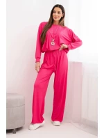 Dámský komplet viskózová mikina s přívěskem a široké kalhoty fuchsie