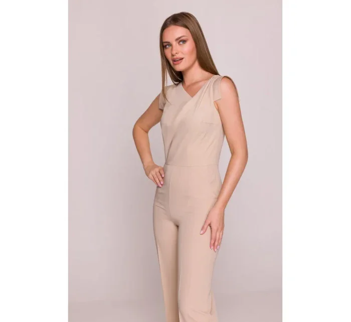 S407 Elegantní overal s asymetrickým výstřihem - béžový