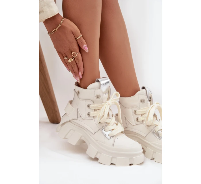 Dámské zateplené sportovní kotníkové botky z kůže – bílé GOE Dámské zateplené sportovní kotníkové botky z kůže – bílé GOE