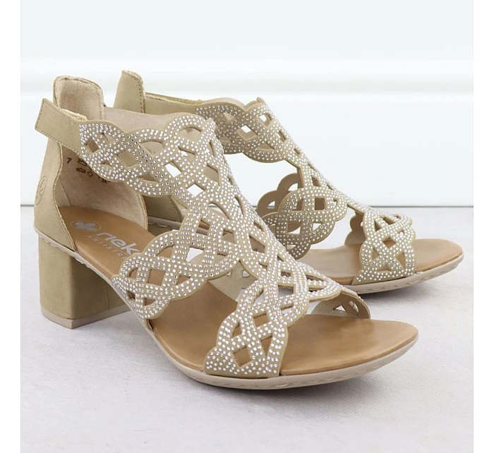 Dámské sandály na podpatku se zirkony v béžové barvě model 22096645 - Rieker