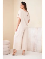 Dámský viskózový komplet s halenkou s potiskem a kalhotami béžový