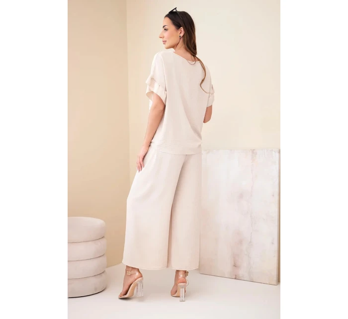 Dámský viskózový komplet s halenkou s potiskem a kalhotami béžový