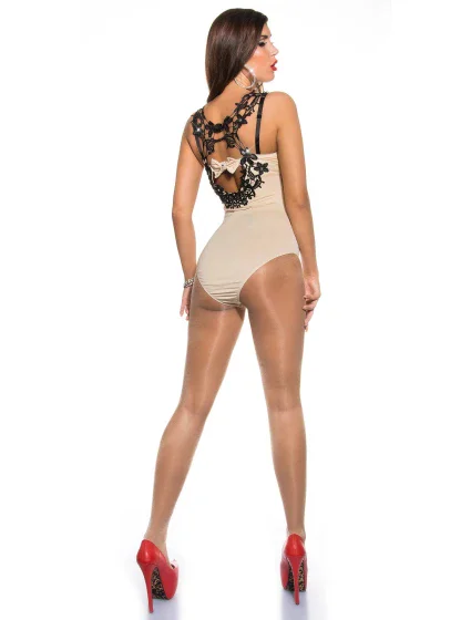 Dámské sexy body s ramínky a kamínky Béžová s černou model 20504150 - Koucla Dámské sexy body s ramínky a kamínky Béžová s černou model 20504150 - Koucla