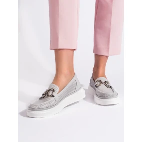 Klasické dámské  mokasíny šedo-stříbrné bez podpatku