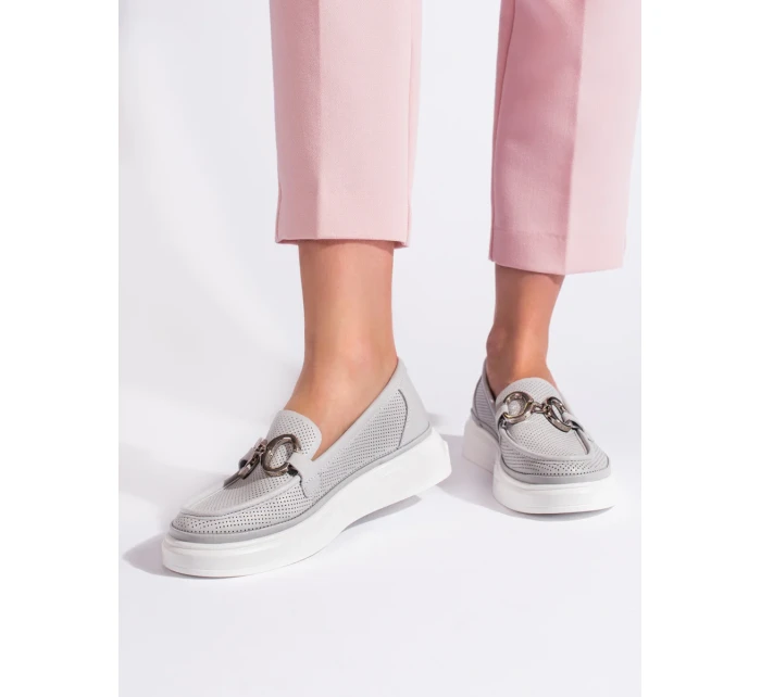 Klasické dámské  mokasíny šedo-stříbrné bez podpatku