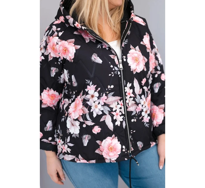 Dámská jarní prošívaná bunda Plus Size s kapucí a květinovým vzorem černá