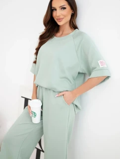 Dámský komplet z viskózy mikina a široké kalhoty máslový tmavě mentolový