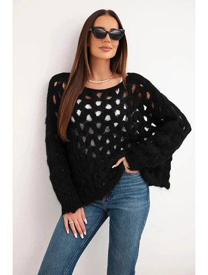 Dámský svetr model 22293734 s ozdobným vzorem a příměsí vlny černý - K-Fashion