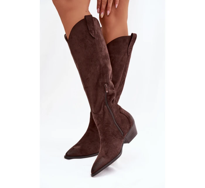 Eko Semišové Kozačky Dámské Na Podpatku Čokoládové model 21821821 - Boto Eko Semišové Kozačky Dámské Na Podpatku Čokoládové model 21821821 - Boto