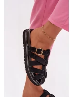 Dámské pantofle s pásky a zlatým sponou Černé model 21943458 - Boto