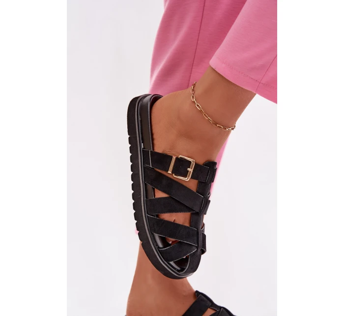 Dámské pantofle s pásky a zlatým sponou Černé model 21943458 - Boto