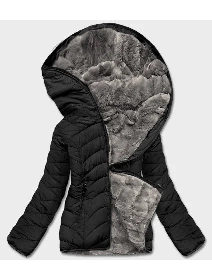 Černo-šedá krátká oboustranná dámská zimní bunda (2M-21507) Černo-šedá krátká oboustranná dámská zimní bunda (2M-21507)