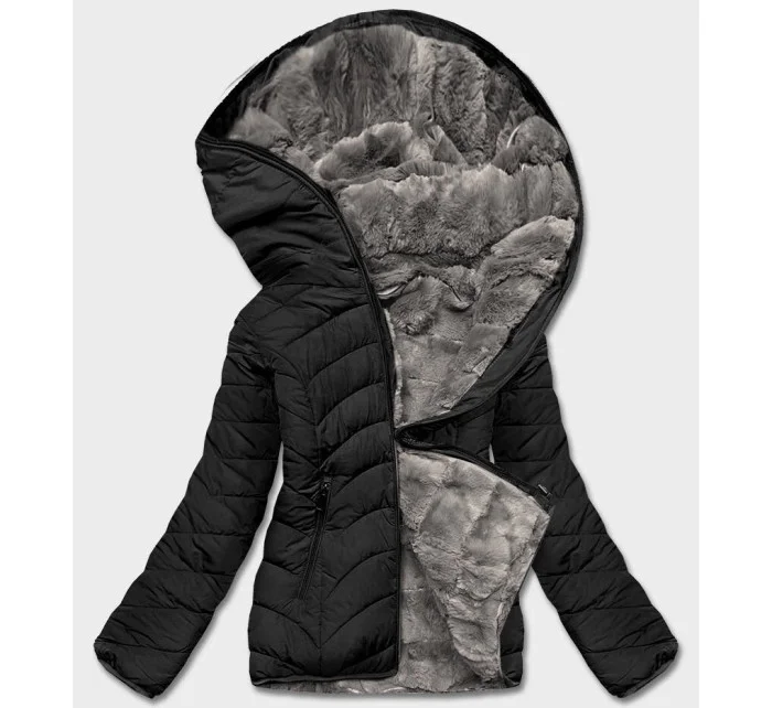 Černo-šedá krátká oboustranná dámská zimní bunda (2M-21507) Černo-šedá krátká oboustranná dámská zimní bunda (2M-21507)