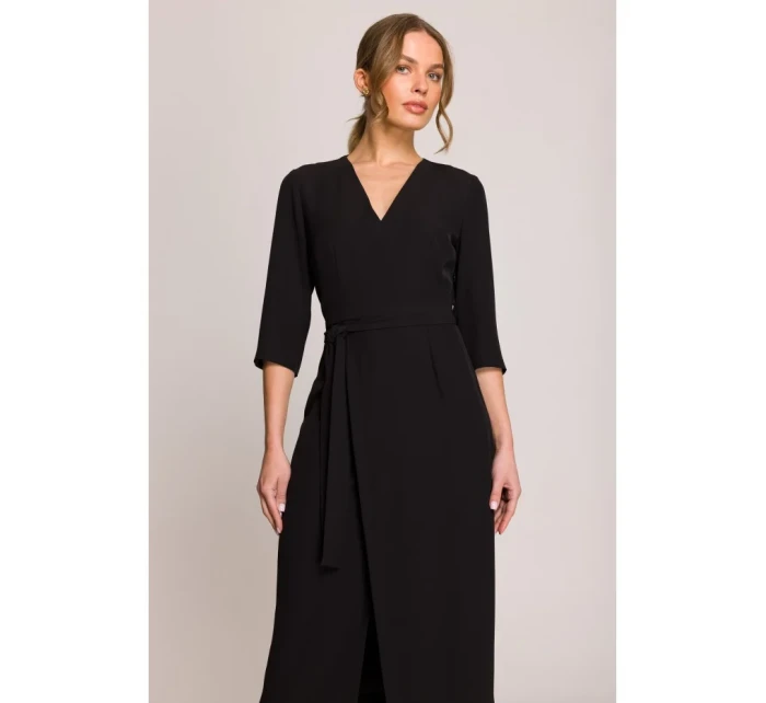 S396 Šaty se zavinovacími detaily ve střední délce - černé