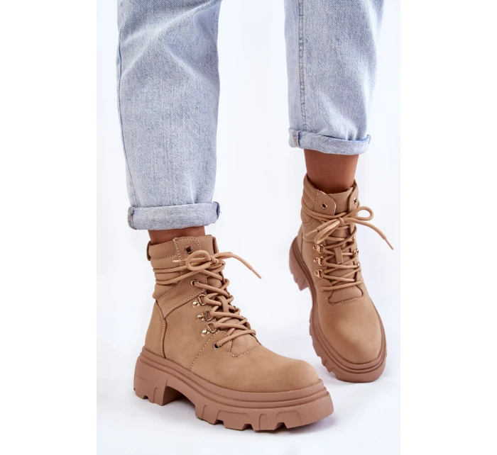 Kožené teplé šněrovací boty Béžové model 21603028 - EVENTO Kožené teplé šněrovací boty Béžové model 21603028 - EVENTO
