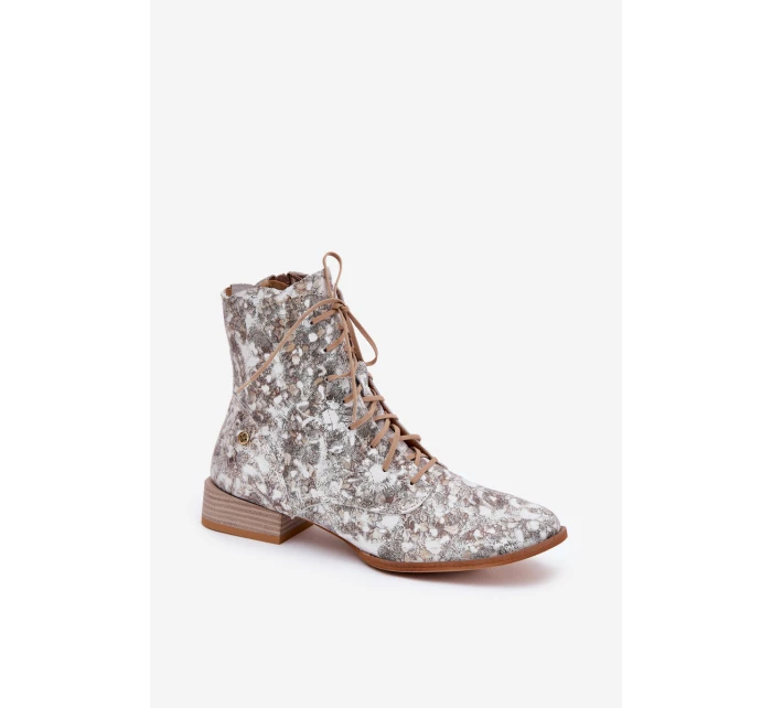 Kožené Vzorované Kotníkové Boty Na Ploché Podpatky model 21691368 Béžové - Maciejka