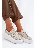 Kožené síťované dámské tenisky na platformě s páskem na podpatku D&A LR61-7088 béžové