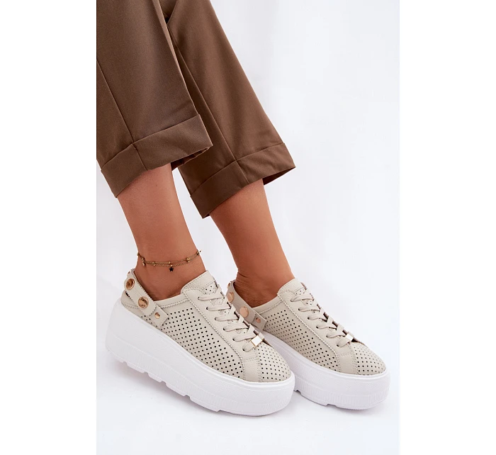 Kožené síťované dámské tenisky na platformě s páskem na podpatku D&A LR61-7088 béžové