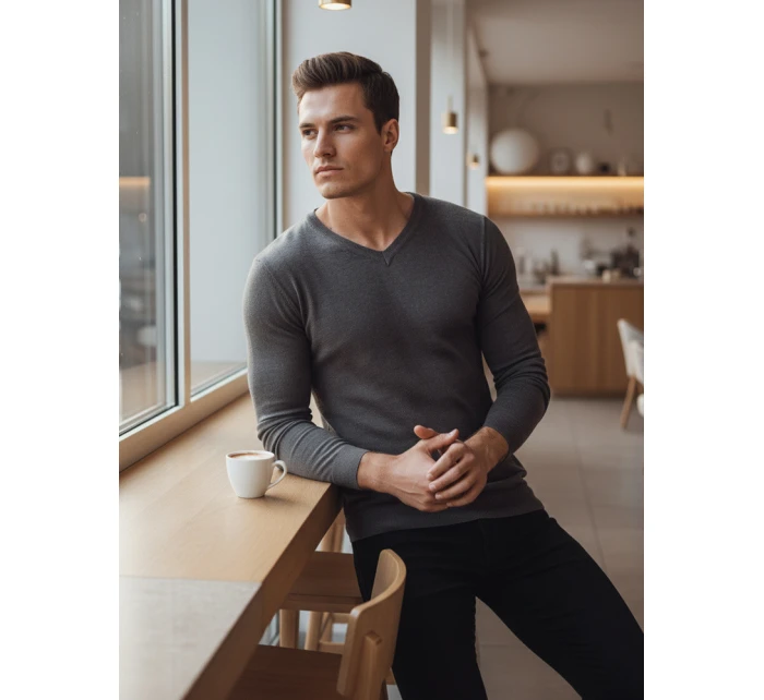 Pánský tmavě šedý svetr s výstřihem FashionStreet WX2219