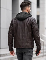 Pánská kožená zateplená bunda s kapucí, hnědá, FashionStreet TX5142 Pánská kožená zateplená bunda s kapucí, hnědá, FashionStreet TX5142