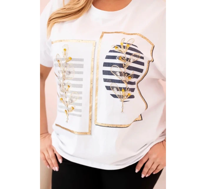 Dámská bavlněná halenka Plus Size s kamínky bílá + tmavě modrá